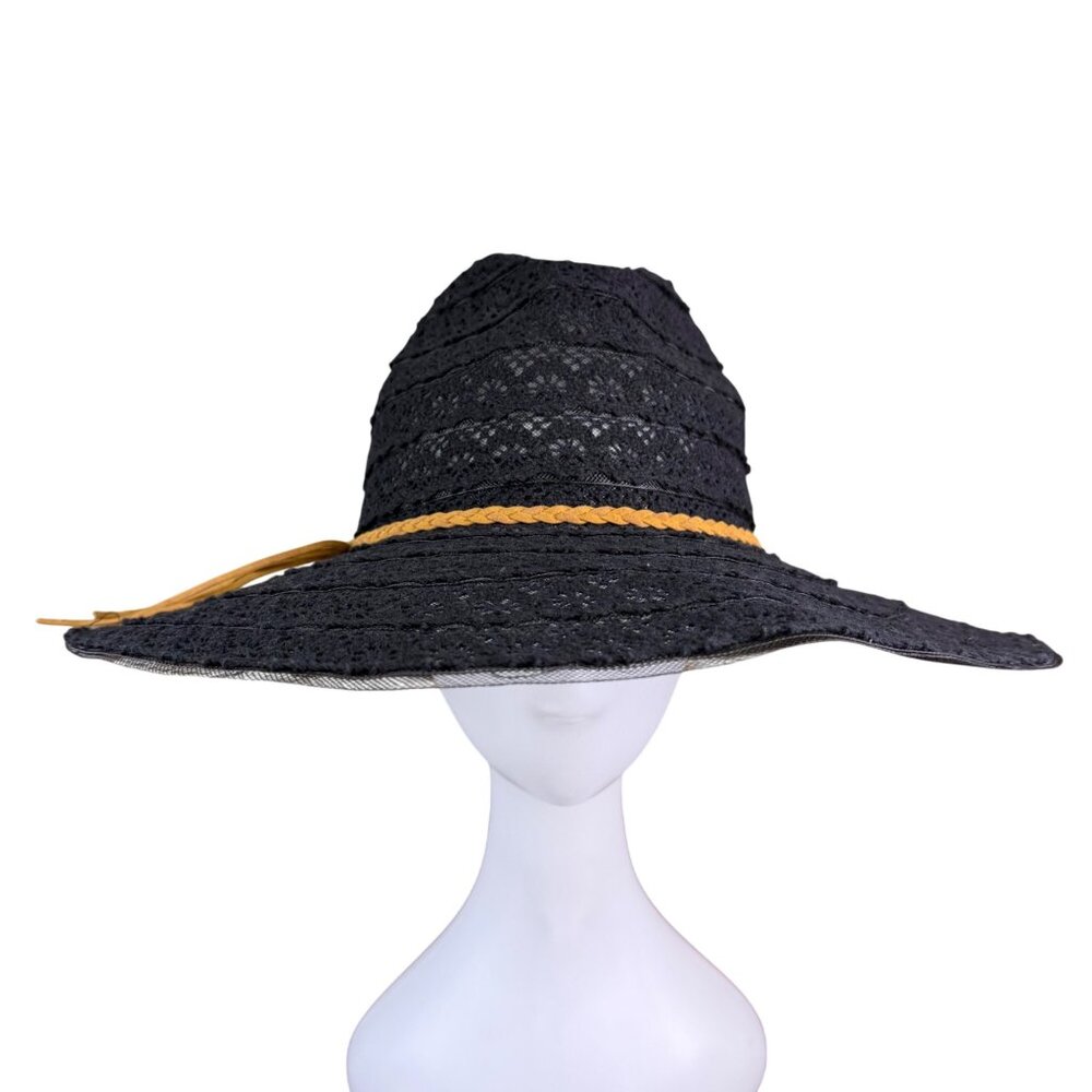 Mallory Black Womens Wide Brim Summer Hat Straw Lace Design Foldable Braided